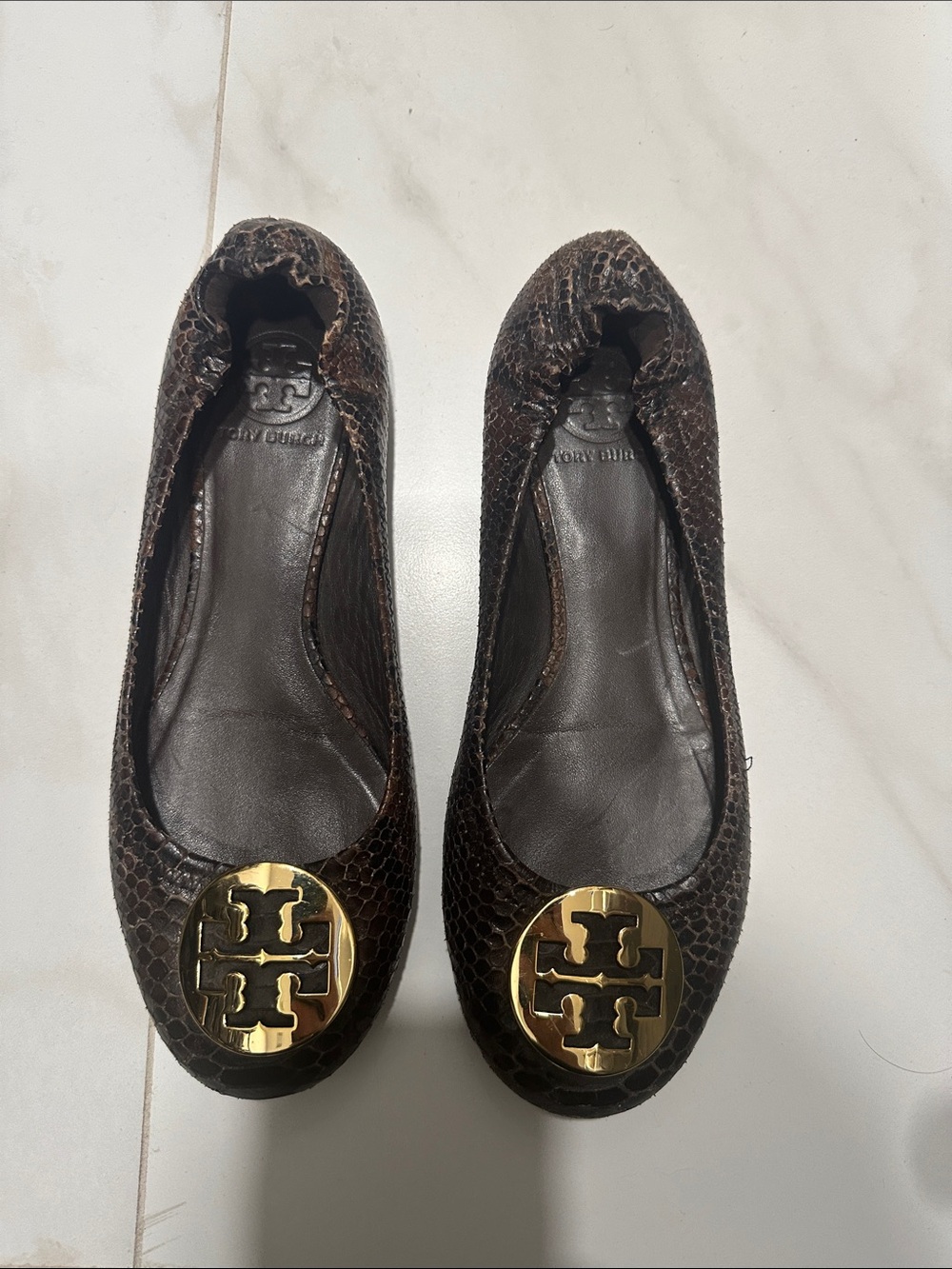 Tory Burch Dark Brown Snake-Embossed Logo Ballet Flats